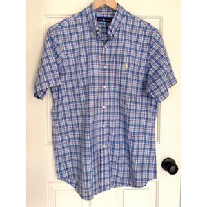 Ralph Lauren Mens L Short Sleeve Blue Plaid Button Down Shirt 100% Cotton Spring